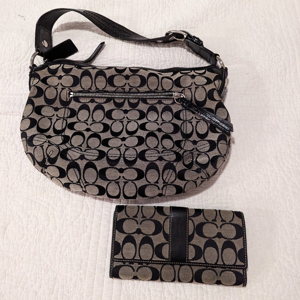Coach Signature Canvas Shoulder Bag and Wallet in Black and Tan